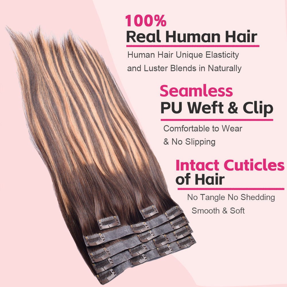 #P4/27/T4 Straight | 6Pcs 100g | PU Seamless Clip ins Hair | 100% Human Hair | boruihair
