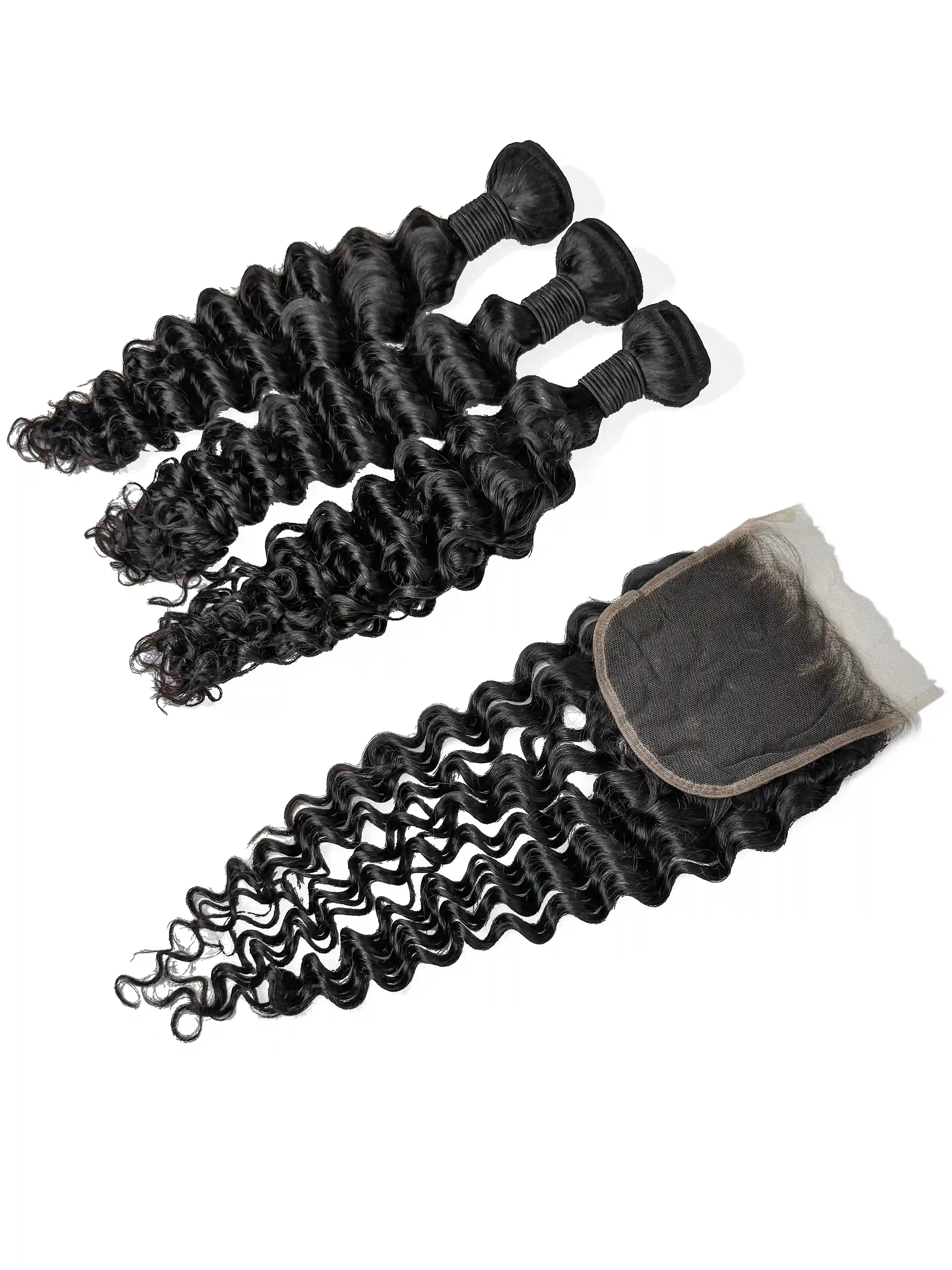Deep Wave 3PCS Bundles & 1PC 5x5 Lace Closure | Transparent & HD Lace | 100% Human Hair | Top Virgin Hair
