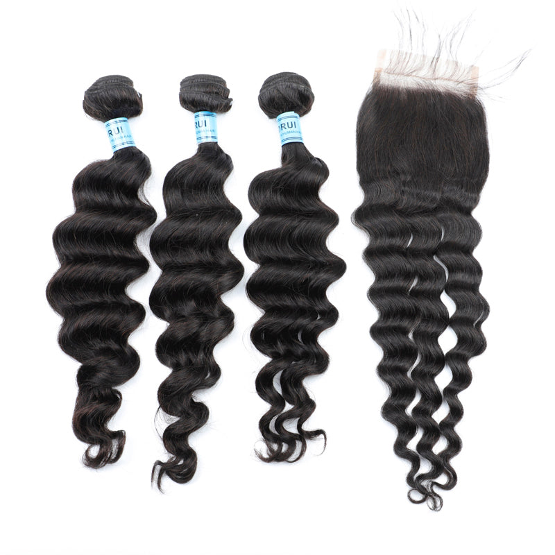 Natural Wave 3PCS Bundles & 1PC 5x5 Lace Closure | Transparent & HD Lace | 100% Human Hair | Top Virgin Hair
