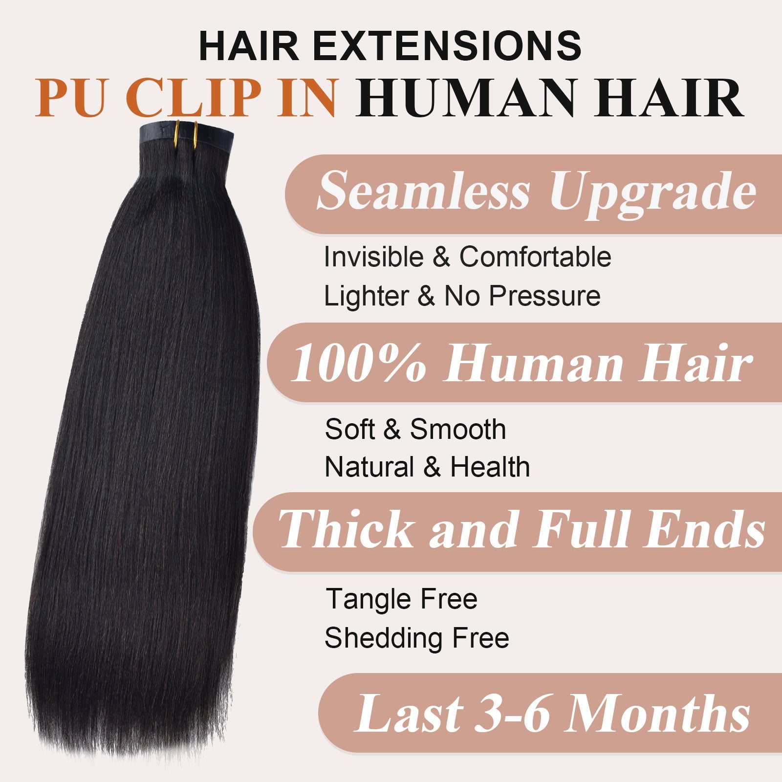 #1B Yaki Straight |6Pcs 100g | PU Seamless Clip ins Hair | 100% Human Hair | boruihair