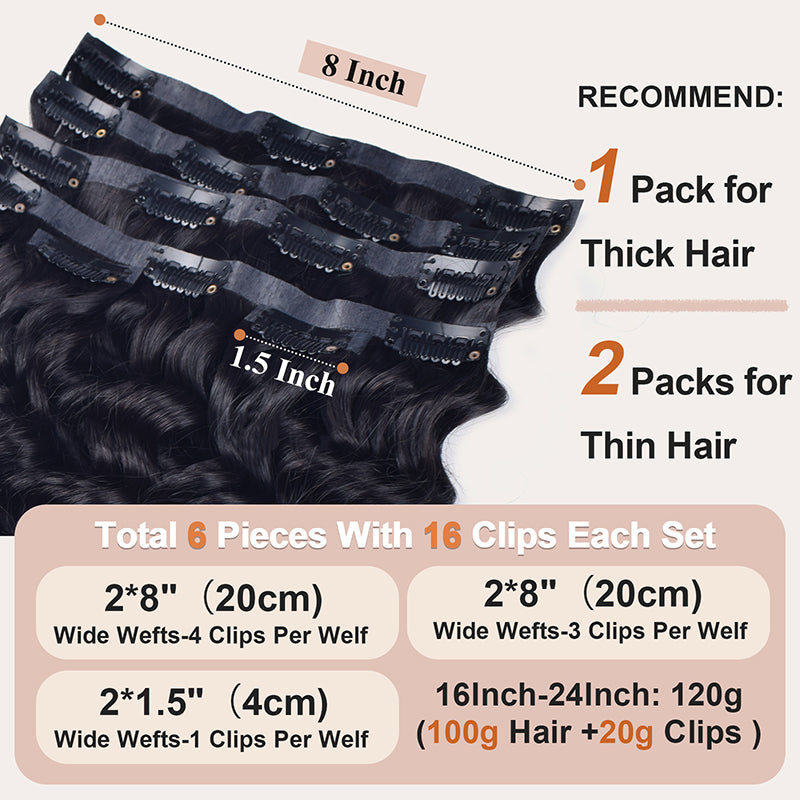 #1B Deep Wave | 6Pcs 100g | PU Seamless Clip ins Hair | 100% Human Hair | boruihair