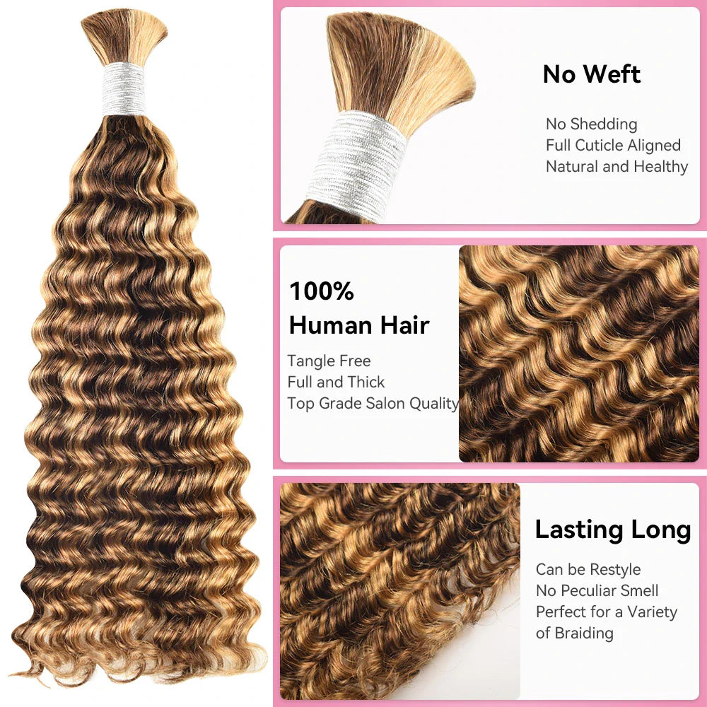 #4/27 Ombre Highlight Deep Wave Hair Bulk | For Braiding | 100% Human Hair | BORUIHAIR
