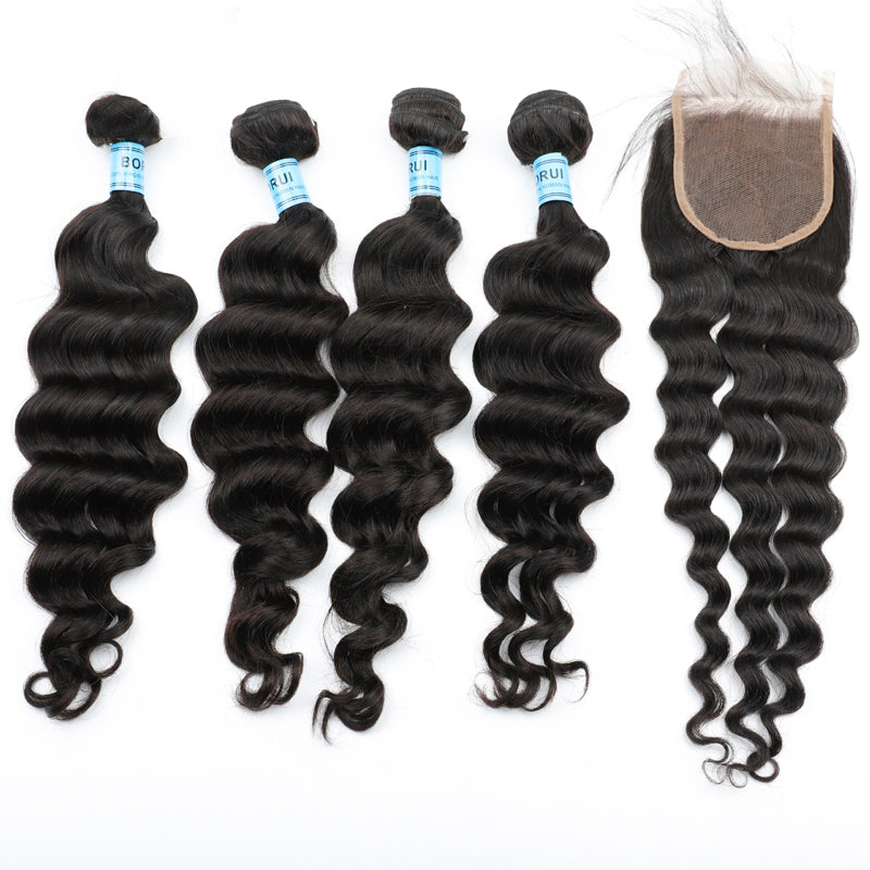 Natural Wave 4PCS Bundles & 1PC Closure or Frontal – 5x5, 13x4 & 13x6 | 100% Human Hair | Transparent Lace Wig | Boruihair