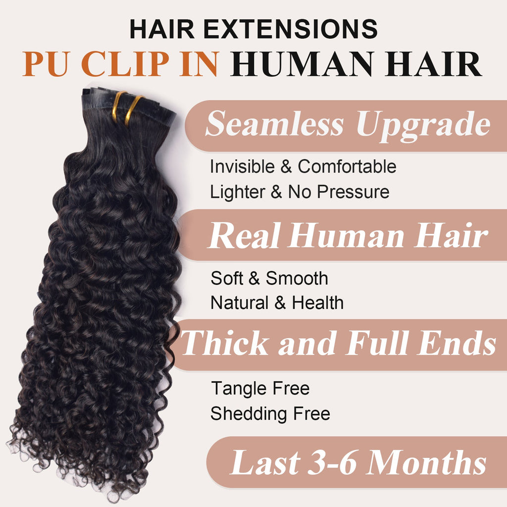 #1B Deep Curly |6Pcs 100g | PU Seamless Clip ins Hair | 100% Human Hair | boruihair