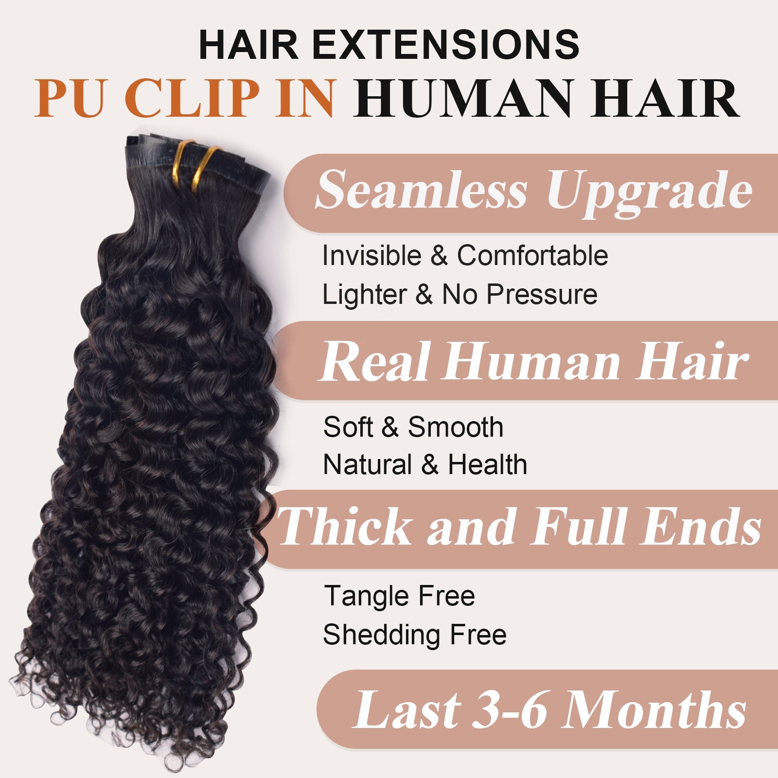 #1B Deep Curly |6Pcs 100g | PU Seamless Clip ins Hair | 100% Human Hair | boruihair