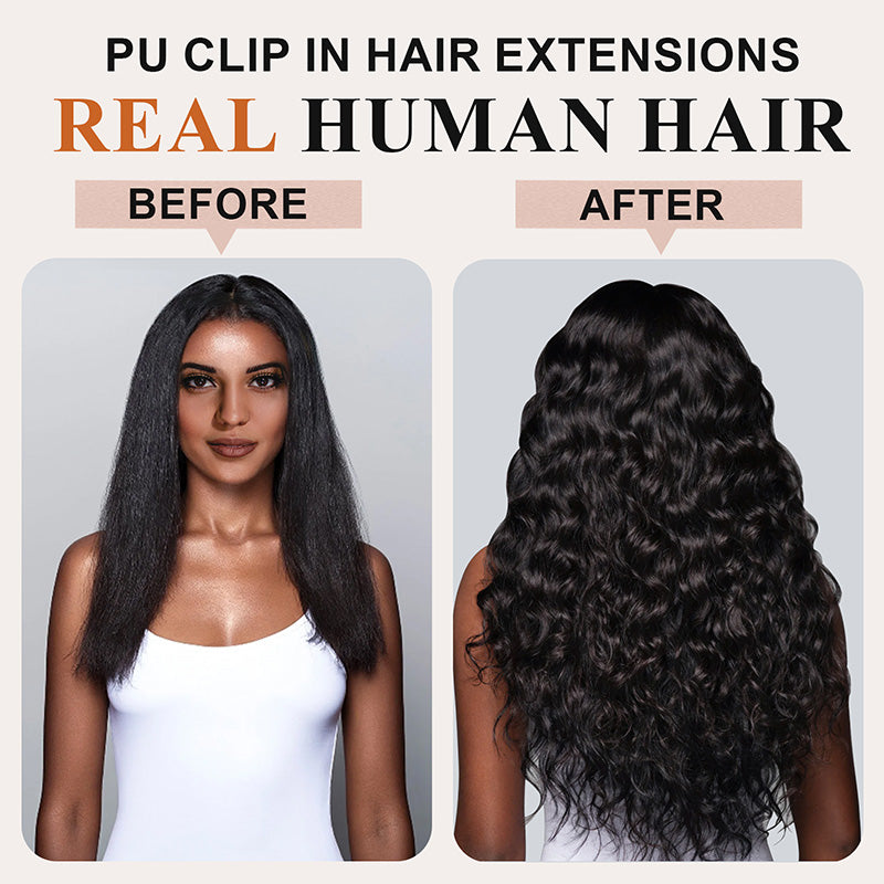#1B Italian Curly |6Pcs 100g | PU Seamless Clip ins Hair | 100% Human Hair | boruihair