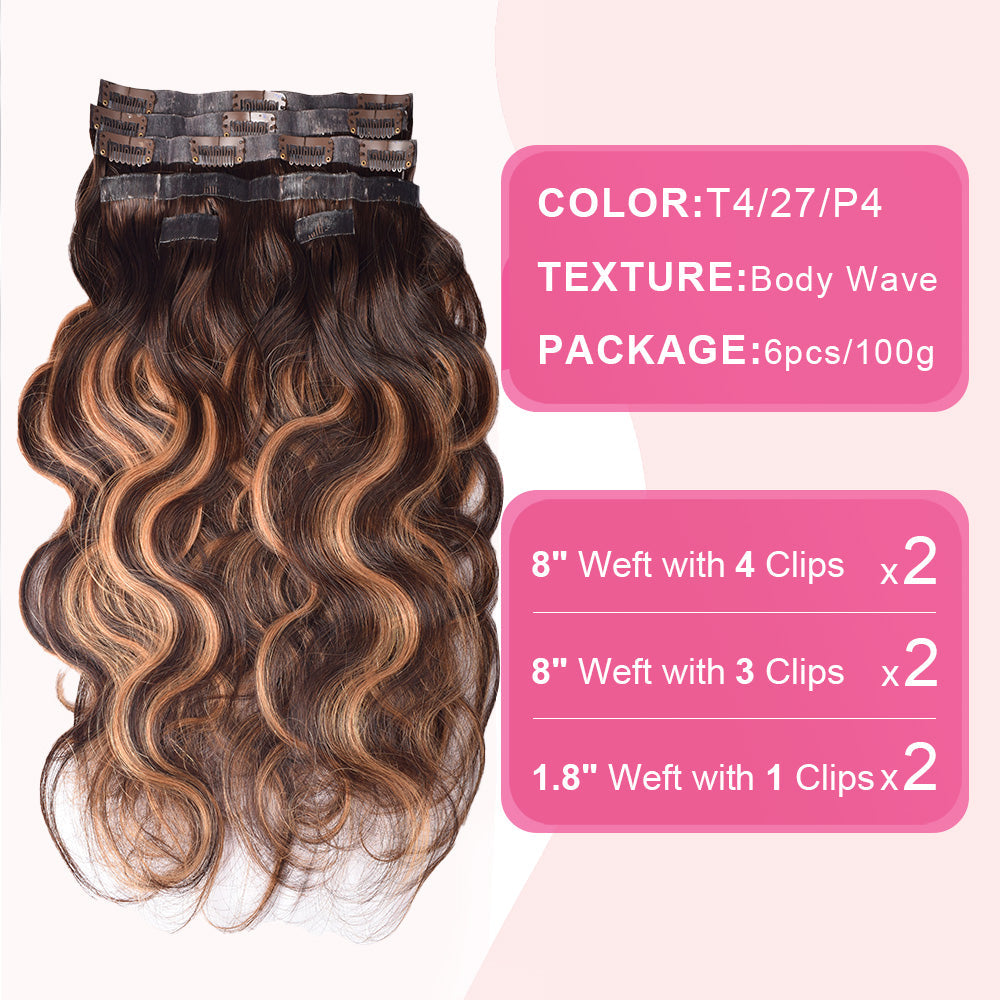 #P4/27/T4 Body Wave|6Pcs 100g | PU Seamless Clip ins Hair | 100% Human Hair | boruihair