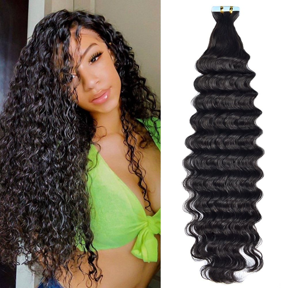 #1B Deep Wave Tape in Hair  Extensions 20pcs 50g/pack Seamless Skin Weft Hair | 100% Human Hair | BORUIHAIR