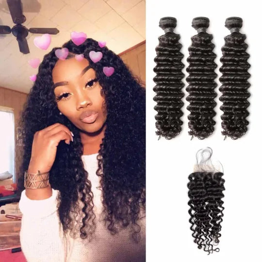 Deep Wave 3PCS Bundles & 1PC 6x6 Lace Closure | Transparent & HD Lace | 100% Human Hair | Top Virgin Hair