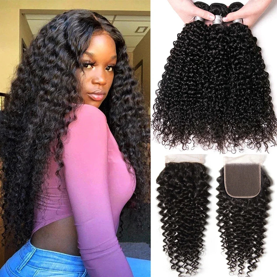 Kinky Curly 3PCS Bundles & 1PC 5x5 Lace Closure | Transparent & HD Lace | 100% Human Hair | Top Virgin Hair