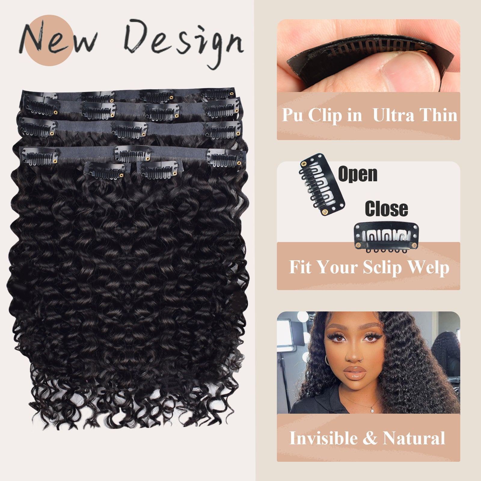 #1B Deep Curly |6Pcs 100g | PU Seamless Clip ins Hair | 100% Human Hair | boruihair