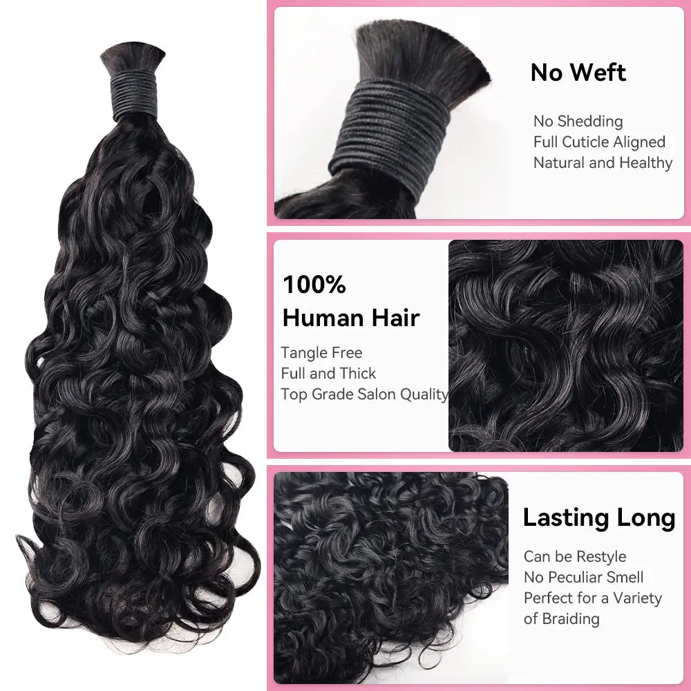 Natural Black Water Wave Hair Bulk | Boho Braids |100% Human Hair | BORUIHAIR