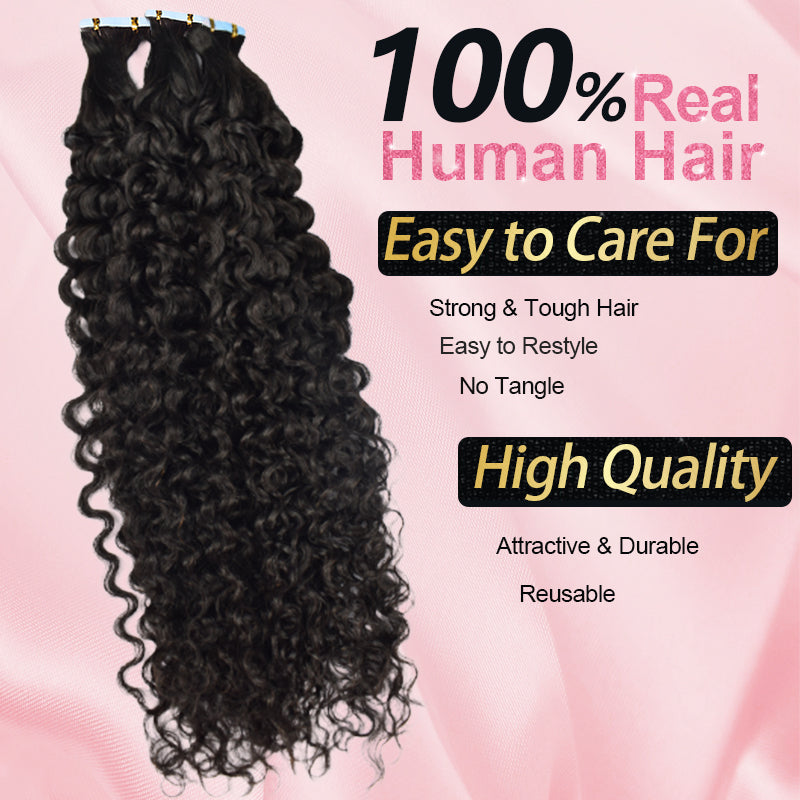 #1B Deep Curly Tape in Hair  Extensions 20pcs 50g/pack Seamless Skin Weft Hair | 100% Human Hair | BORUIHAIR