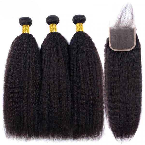 Kinky Straight 3PCS Bundles & 1PC 5x5 Lace Closure | Transparent & HD Lace | 100% Human Hair | Top Virgin Hair