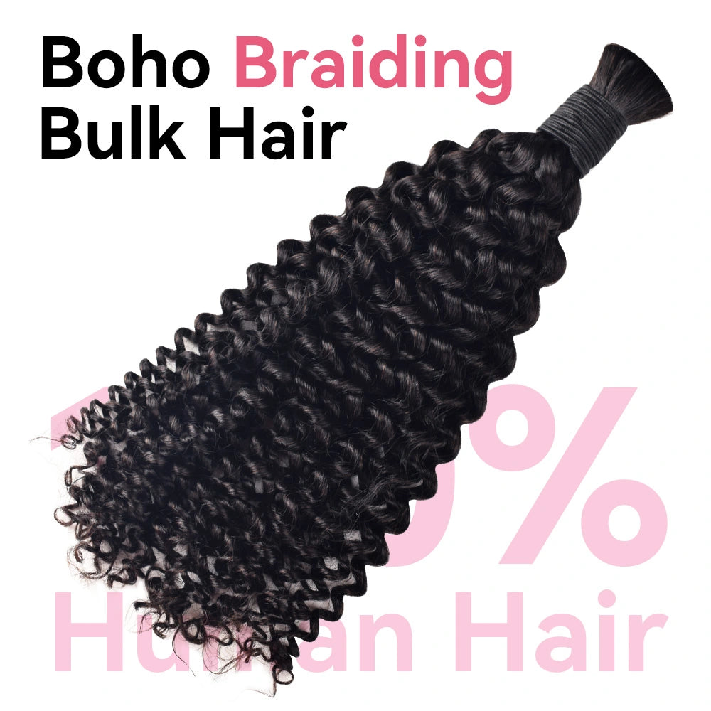#1B Natural Black Boho Braids Jerry Curly No Weft Bulk Hair for Human Hair BORUIHAIR