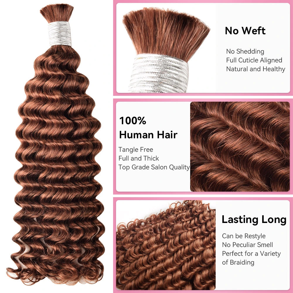 #33 Auburn Brown Deep Wave Hair Bulk | For Braiding | 100% Human Hair | BORUIHAIR