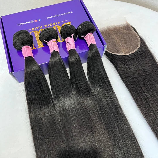 Straight 4PCS Bundles & 1PC Closure or Frontal – 5x5, 13x4 & 13x6 | 100% Human Hair | Transparent Lace Wig | Boruihair
