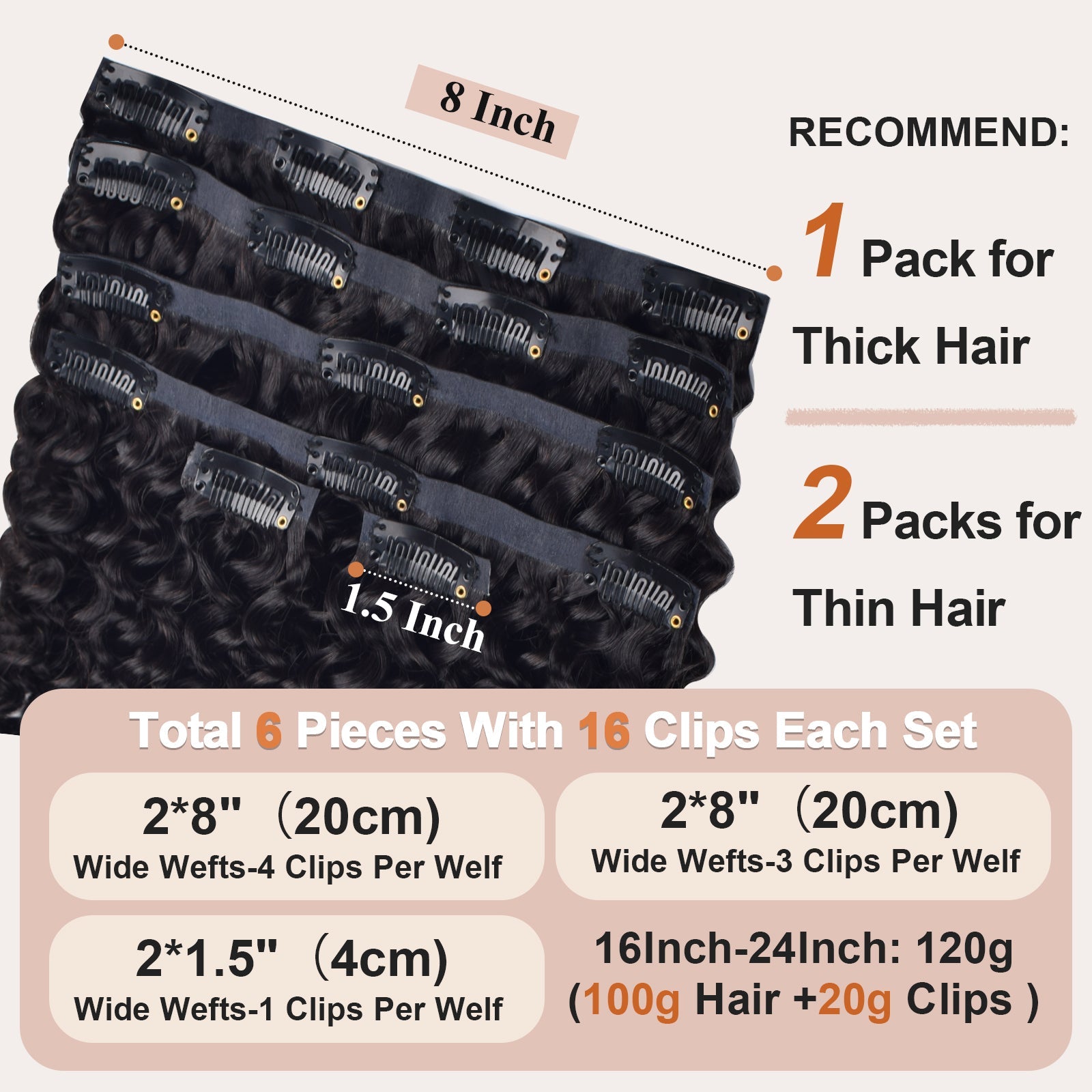 #1B Deep Curly |6Pcs 100g | PU Seamless Clip ins Hair | 100% Human Hair | boruihair