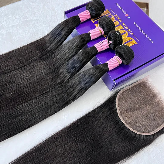 Straight 4PCS Bundles & 1PC Closure or Frontal – 5x5, 13x4 & 13x6 | 100% Human Hair | HD Lace Wig | Boruihair
