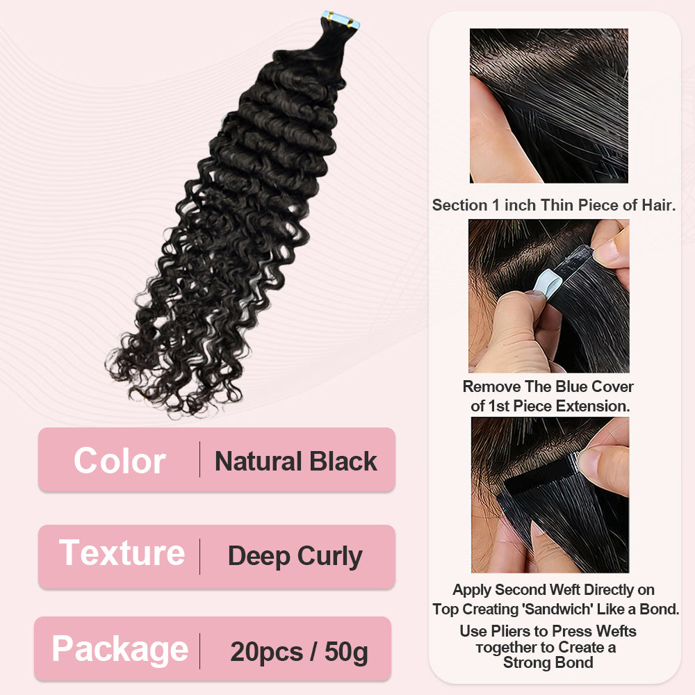 #1B Deep Curly Tape in Hair  Extensions 20pcs 50g/pack Seamless Skin Weft Hair | 100% Human Hair | BORUIHAIR