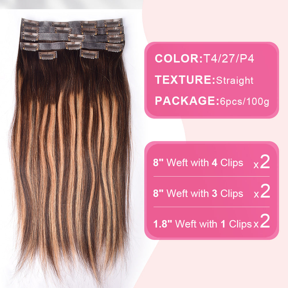 #P4/27/T4 Straight | 6Pcs 100g | PU Seamless Clip ins Hair | 100% Human Hair | boruihair
