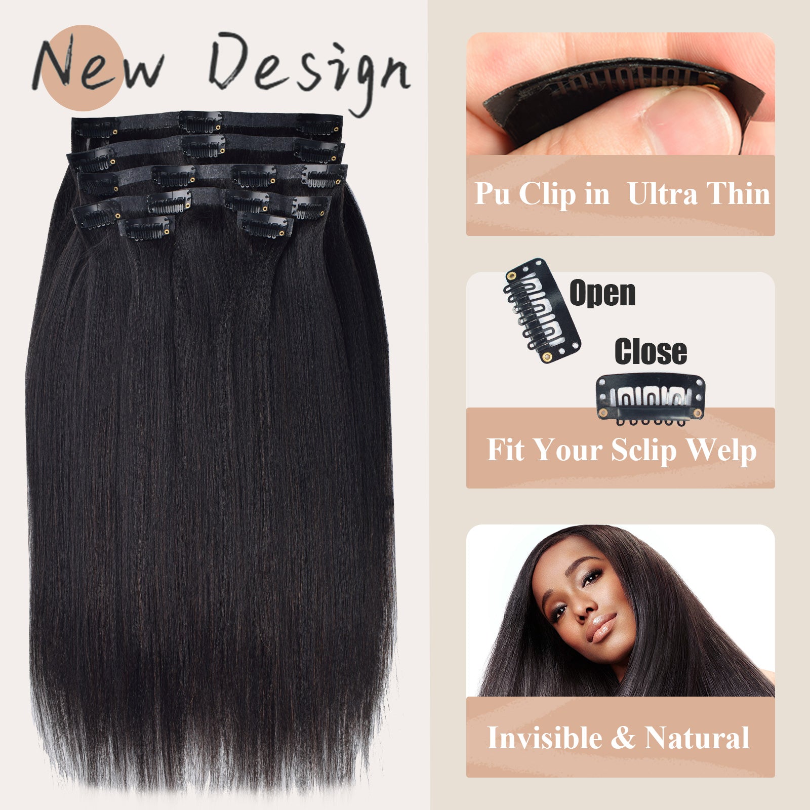 #1B Yaki Straight |6Pcs 100g | PU Seamless Clip ins Hair | 100% Human Hair | boruihair