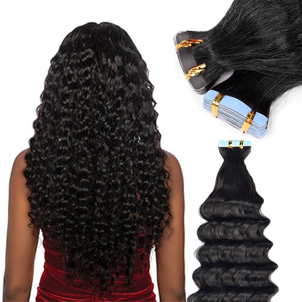 #1B Deep Wave Tape in Hair  Extensions 20pcs 50g/pack Seamless Skin Weft Hair | 100% Human Hair | BORUIHAIR