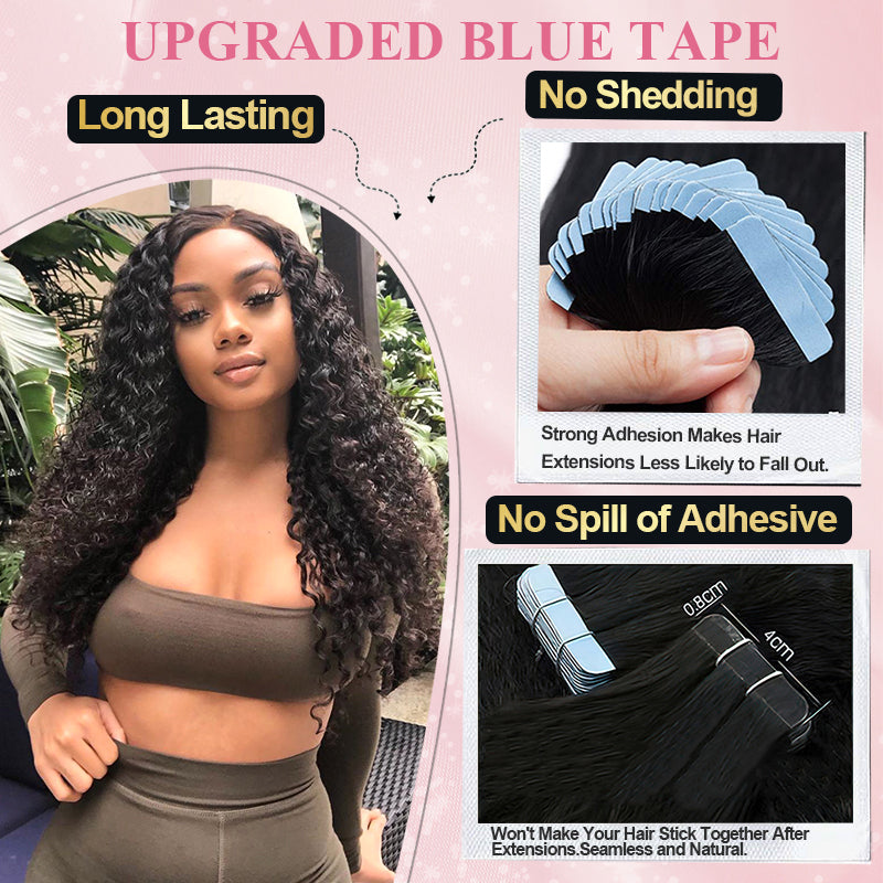 #1B Deep Curly Tape in Hair  Extensions 20pcs 50g/pack Seamless Skin Weft Hair | 100% Human Hair | BORUIHAIR