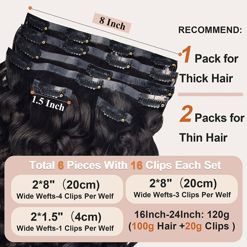 #1B Italian Curly |6Pcs 100g | PU Seamless Clip ins Hair | 100% Human Hair | boruihair