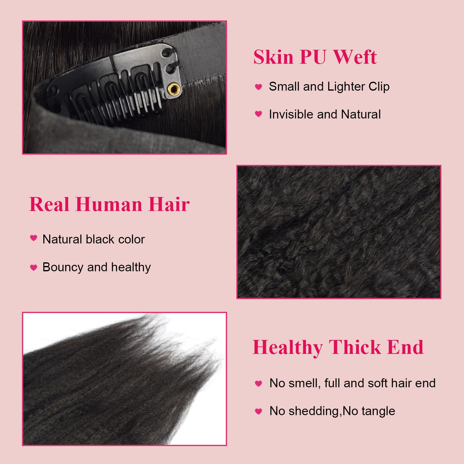 #1B Kinky Straight | Clip in Hair | 6Pcs 100g | PU Seamless Clip ins | Extensions Real Human Hair | boruihair