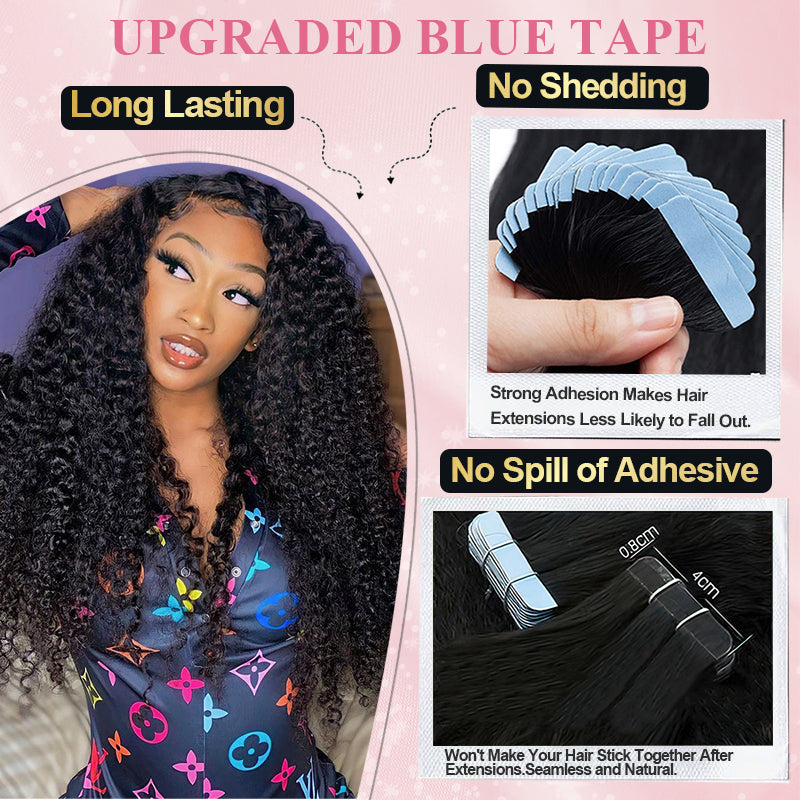 #1B Kinky Curly Tape in Hair  Extensions 20pcs 50g/pack Seamless Skin Weft Hair | 100% Human Hair | BORUIHAIR