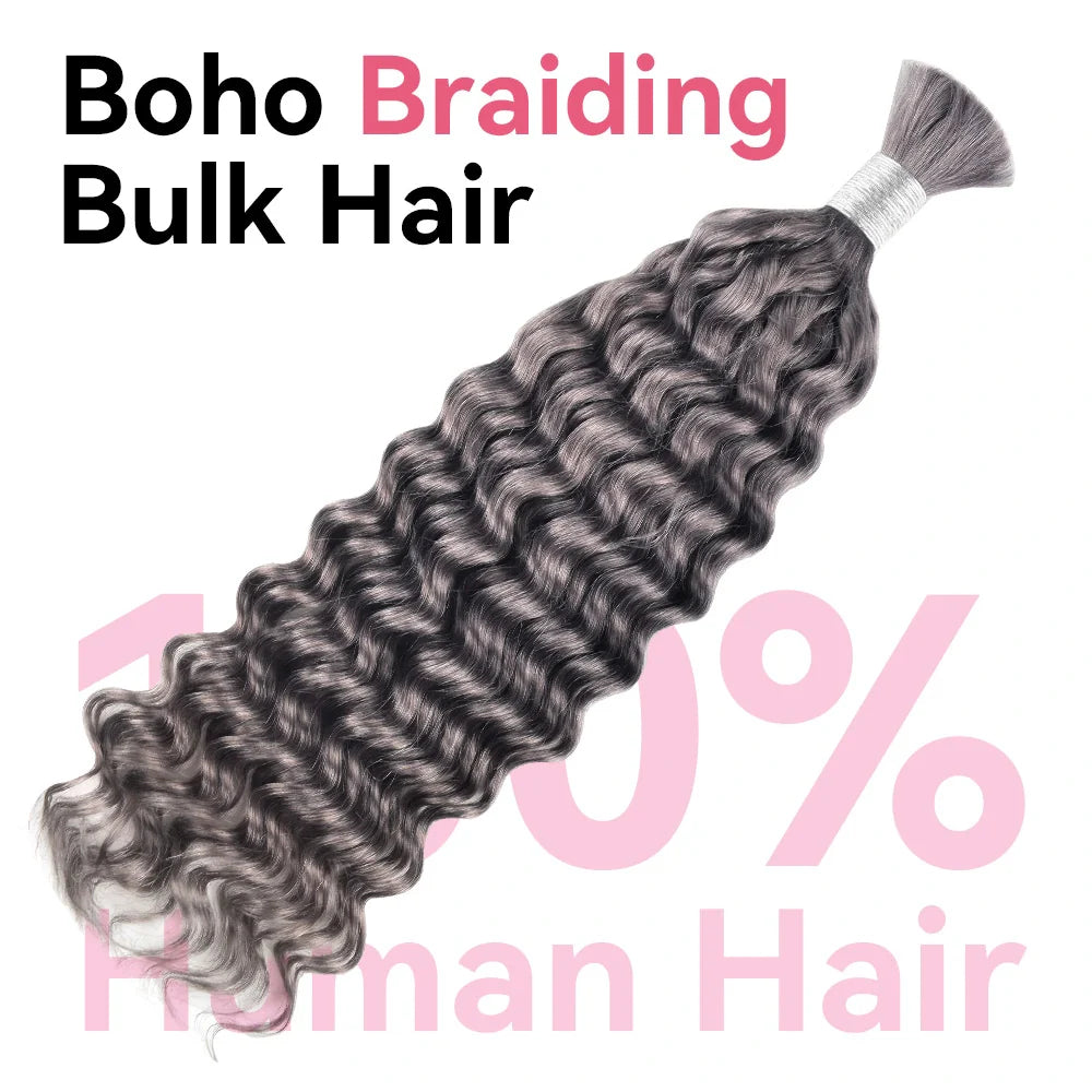 #Grey Deep Wave Hair Bulk | For Braiding | 100% Human Hair | BORUIHAIR