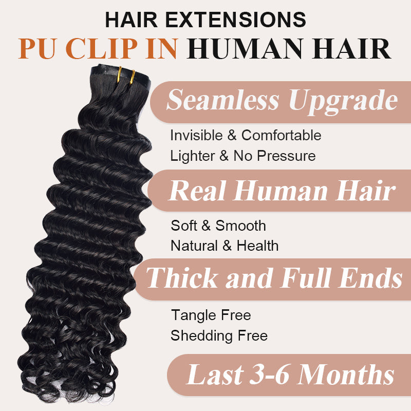 #1B Deep Wave | 6Pcs 100g | PU Seamless Clip ins Hair | 100% Human Hair | boruihair
