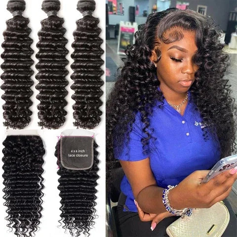 Deep Wave 3PCS Bundles & 1PC 6x6 Lace Closure | Transparent & HD Lace | 100% Human Hair | Top Virgin Hair