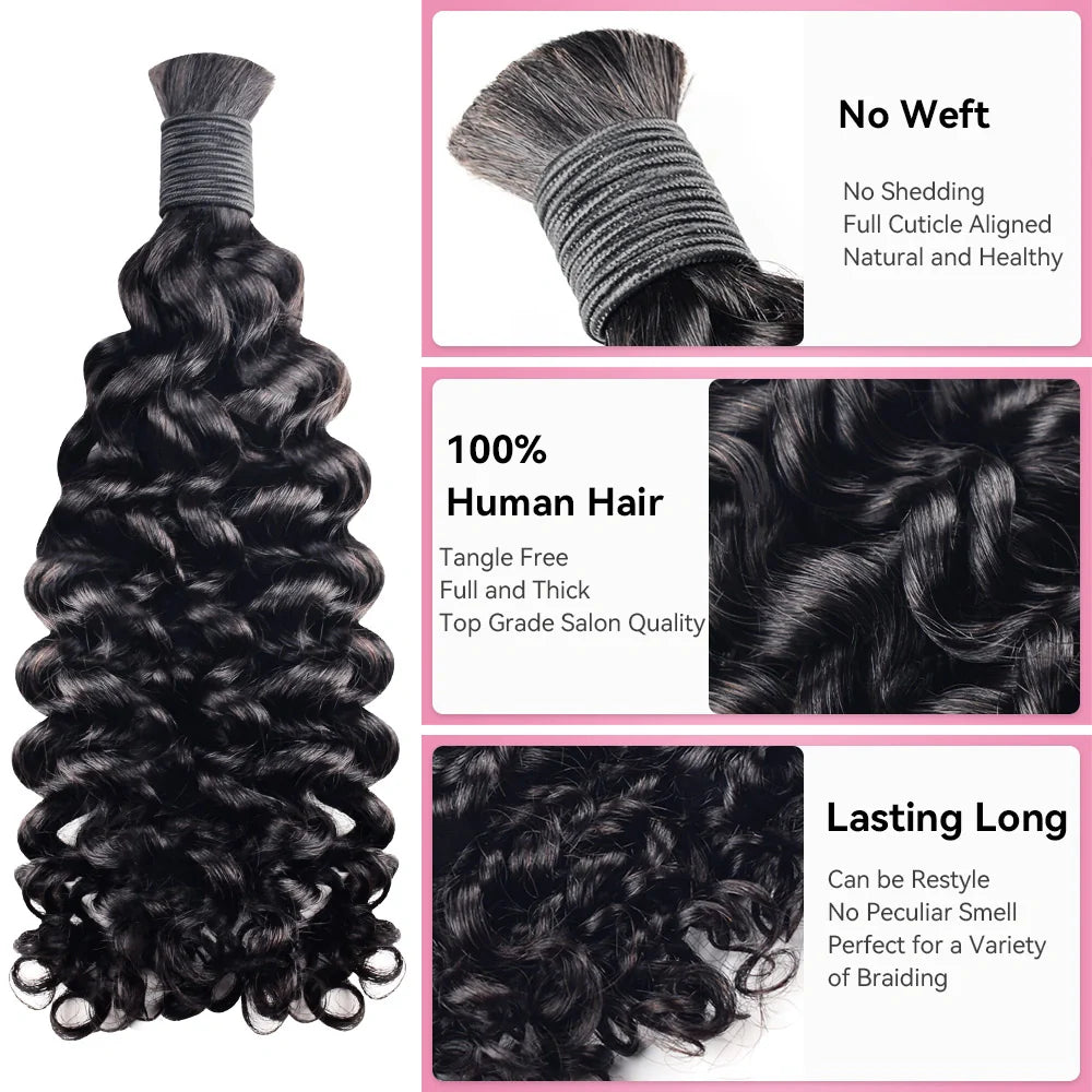#1 Jet Black Deep Curly BHair Bulk | For Braiding | 100% Human Hair | BORUIHAIR