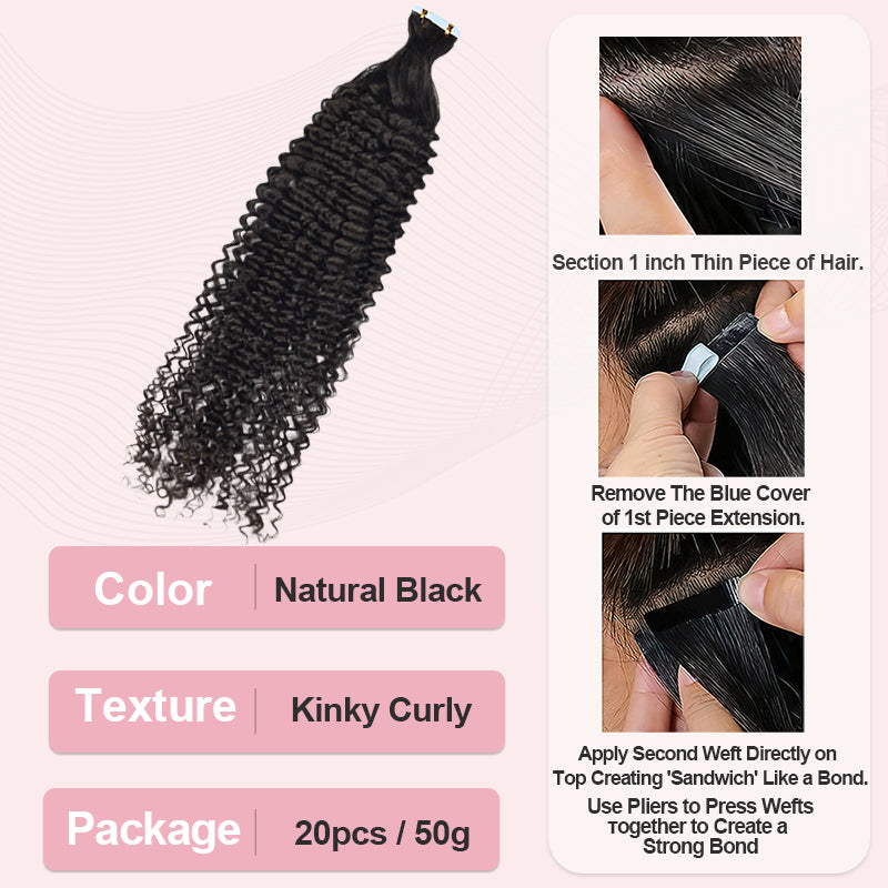 #1B Kinky Curly Tape in Hair  Extensions 20pcs 50g/pack Seamless Skin Weft Hair | 100% Human Hair | BORUIHAIR