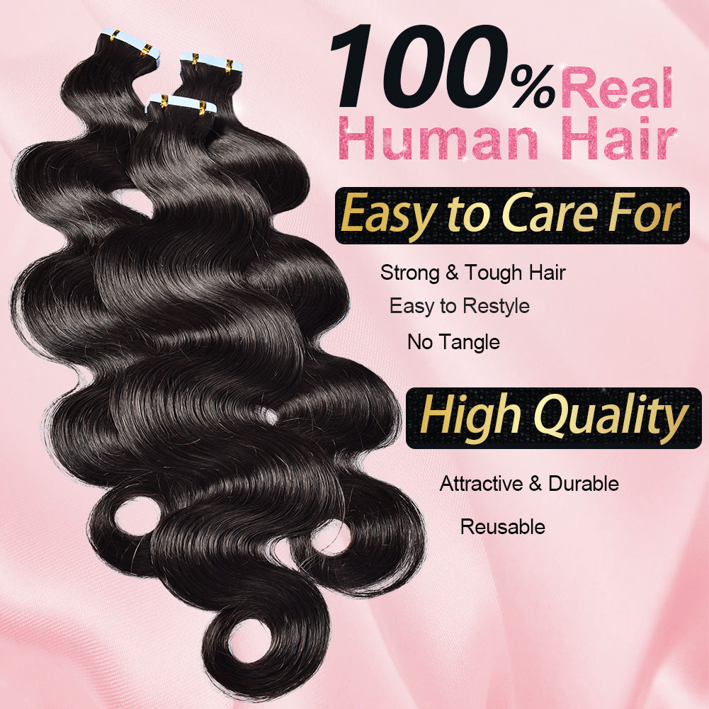 #1B Body Wave Tape in Hair  Extensions 20pcs 50g/pack Seamless Skin Weft Hair | 100% Human Hair | BORUIHAIR
