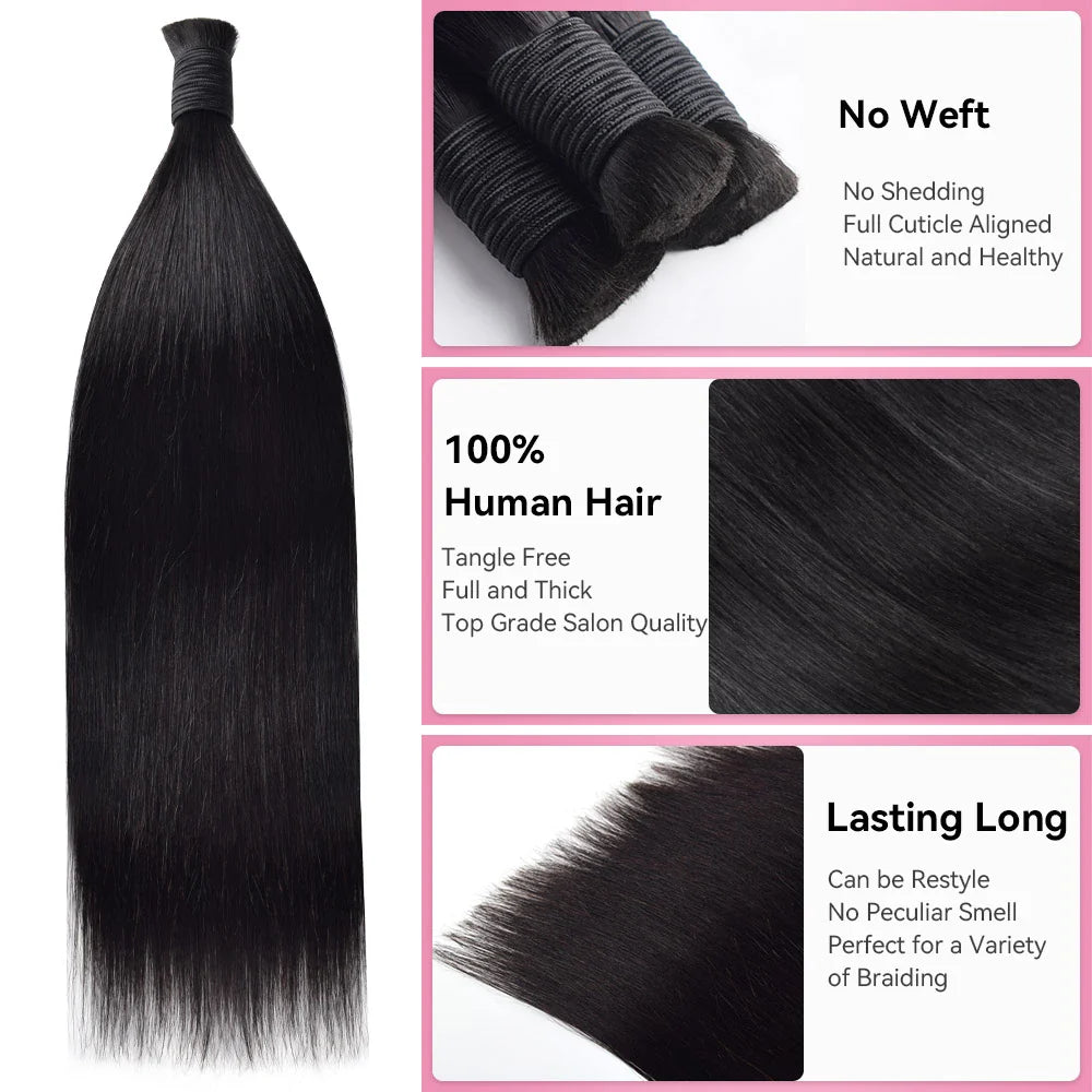 #1 Jet Black Straight Hair Bulk | Boho Braids | No Weft | 100% Human Hair | BORUIHAIR