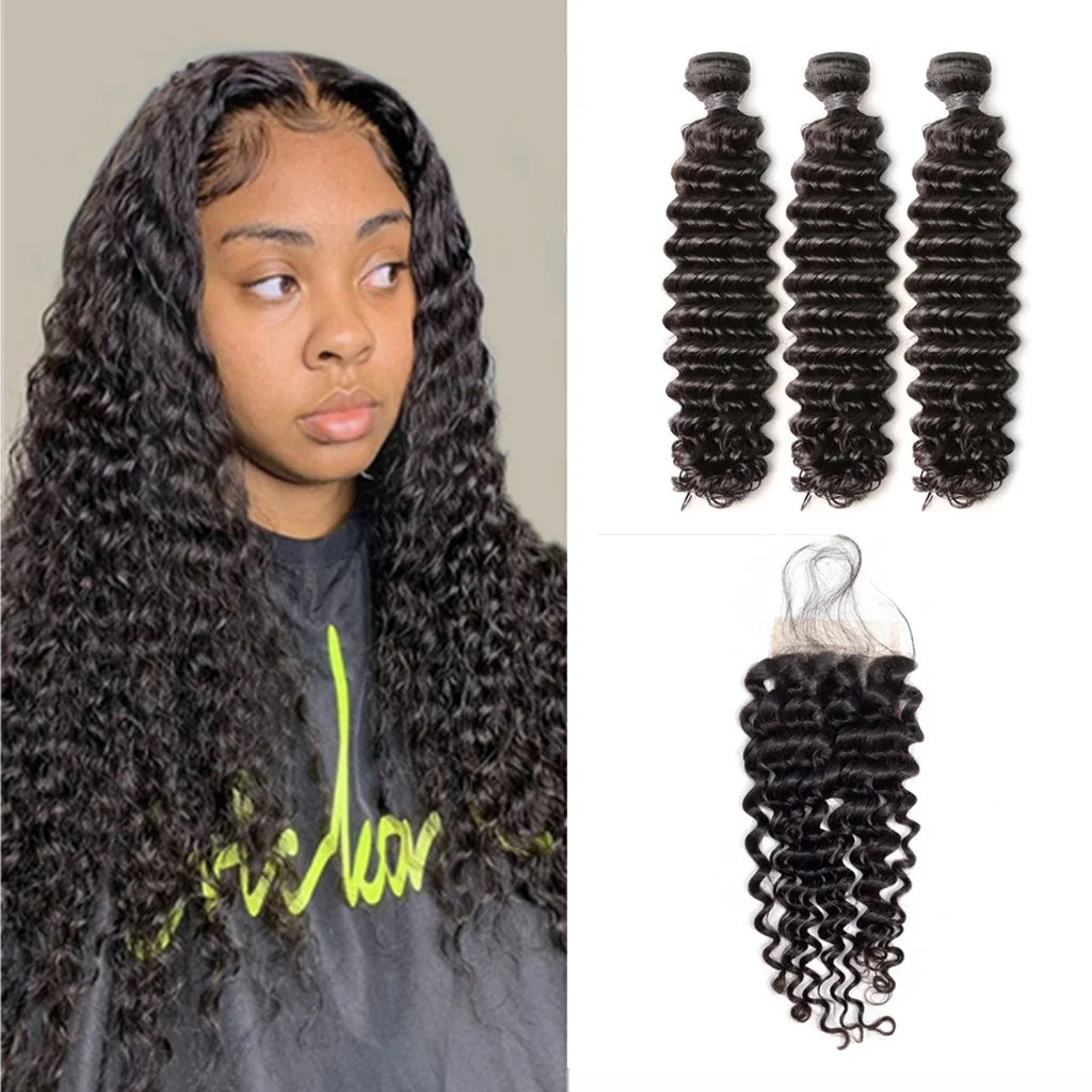 Deep Wave 3PCS Bundles & 1PC 6x6 Lace Closure | Transparent & HD Lace | 100% Human Hair | Top Virgin Hair