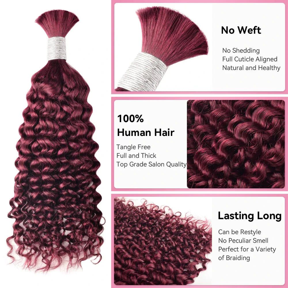 #99J Burgundy Deep Curly Hot Braids Bulk Human Hair BORUIHAIR