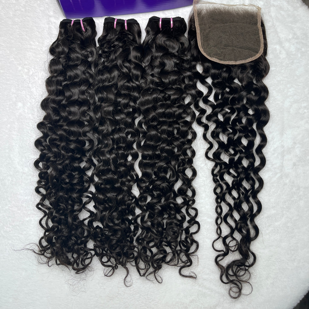 Water Wave 3PCS Bundles & 1PC 5x5 Lace Closure | Transparent & HD Lace | 100% Human Hair | Top Virgin Hair