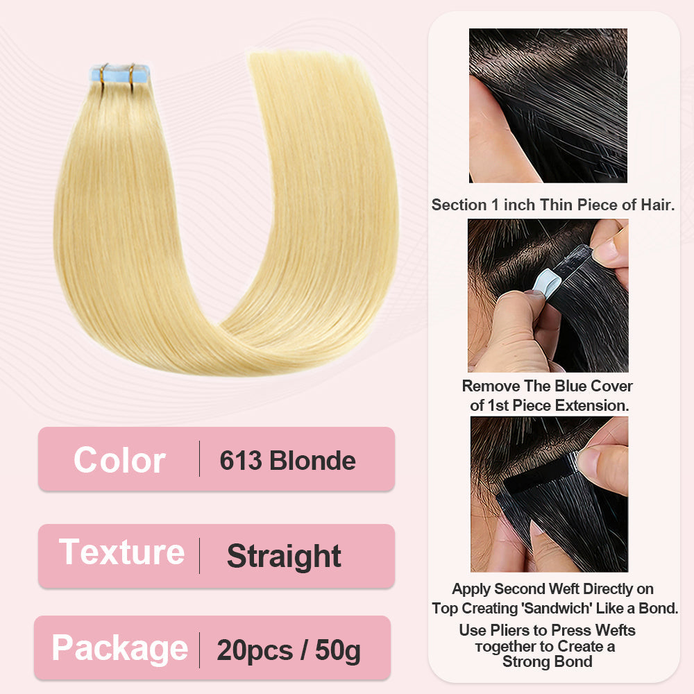 #613 Blonde Tape in Hair  Extensions 20pcs 50g/pack Seamless Skin Weft Hair | 100% Human Hair | BORUIHAIR
