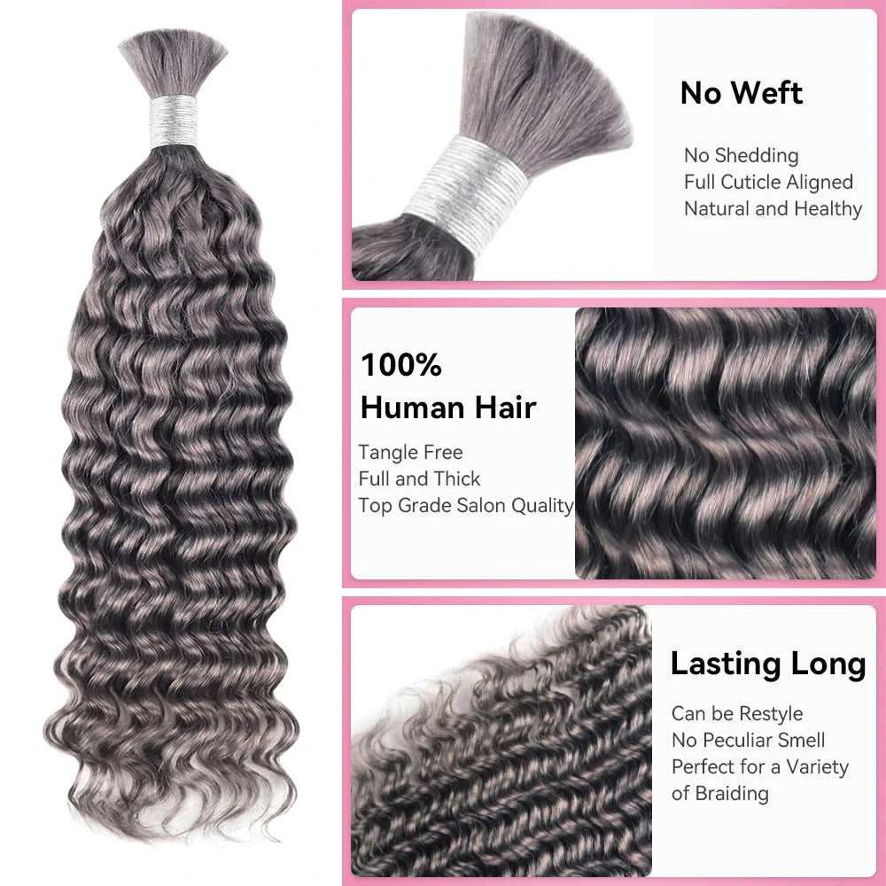 #Grey Deep Wave Hair Bulk | For Braiding | 100% Human Hair | BORUIHAIR