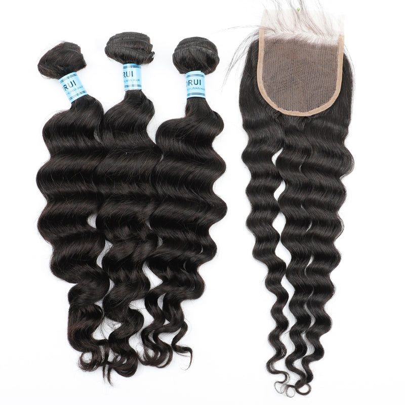 Natural Wave 3PCS Bundles & 1PC 5x5 Lace Closure | Transparent & HD Lace | 100% Human Hair | Top Virgin Hair