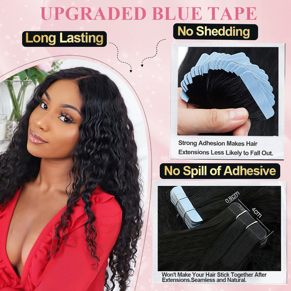 #1B Deep Wave Tape in Hair  Extensions 20pcs 50g/pack Seamless Skin Weft Hair | 100% Human Hair | BORUIHAIR