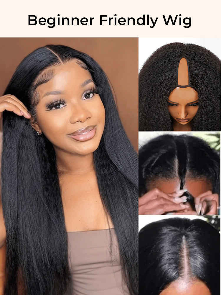 250% Density Boruihair Kinky Straight Glueless Pre‐Plucked Human Hair Wigs| V‐Part & U‐Part Options | 100% Human Hair