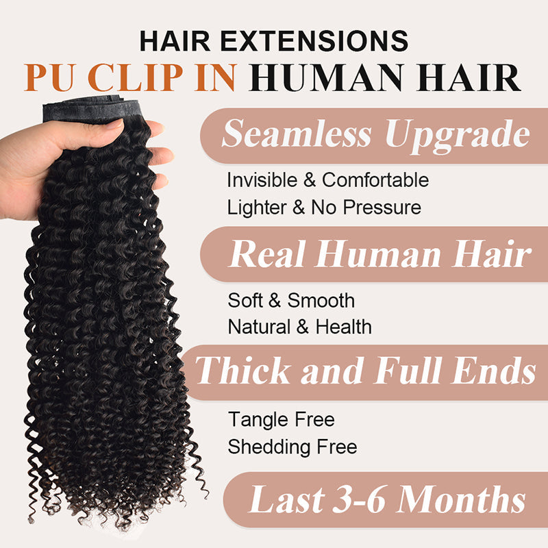 #1B Kinky Curly | Clip in Hair | 6Pcs 100g | PU Seamless Clip ins | Extensions Real Human Hair | boruihair