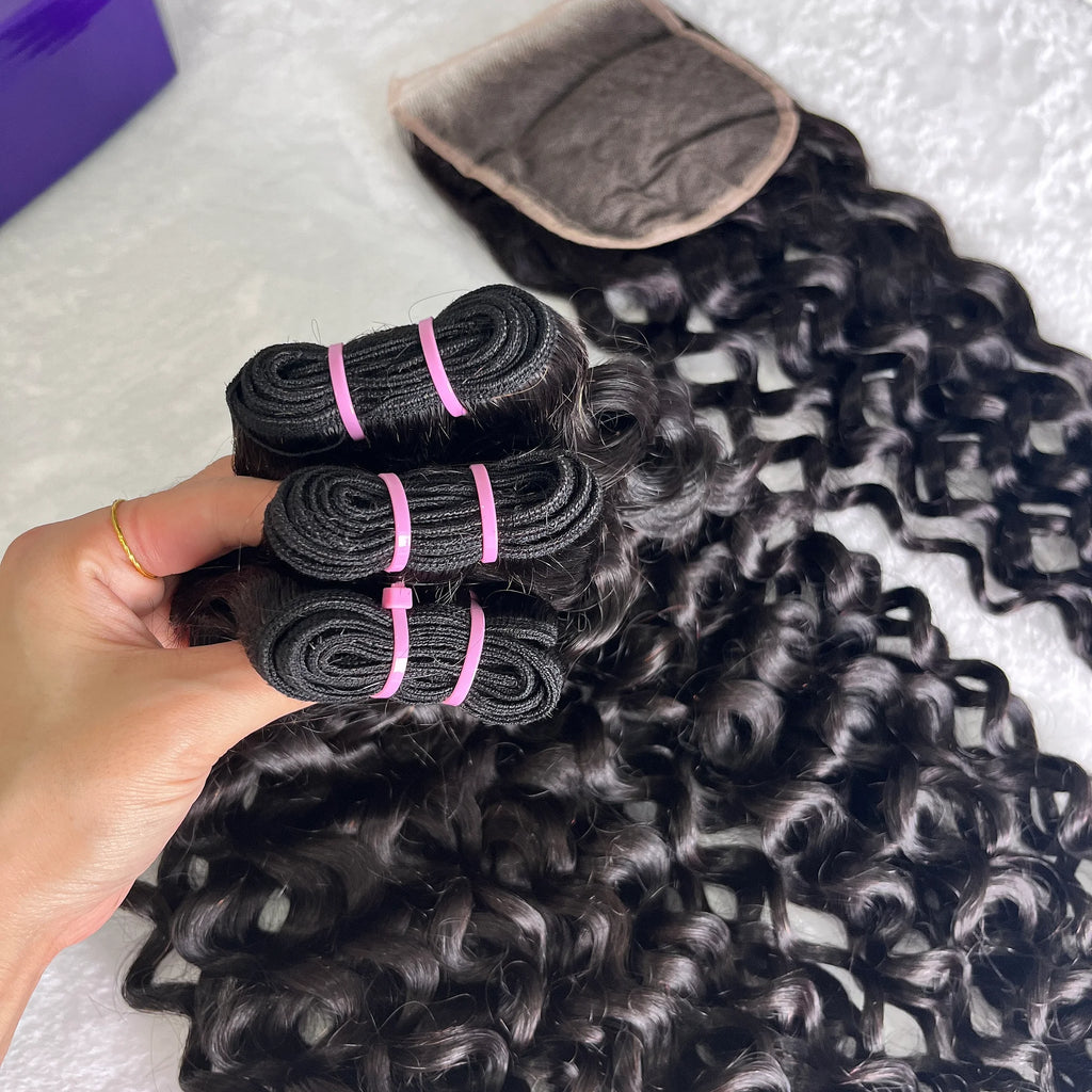 Water Wave 3PCS Bundles & 1PC 5x5 Lace Closure | Transparent & HD Lace | 100% Human Hair | Top Virgin Hair
