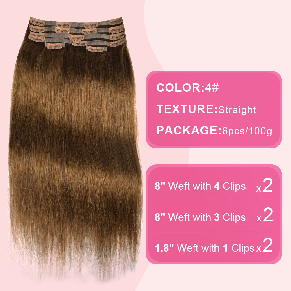 #4 Straight |6Pcs 100g | PU Seamless Clip ins Hair | 100% Human Hair | boruihair
