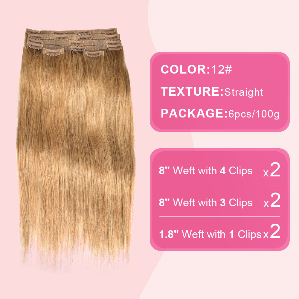 #12 Straight | Clip in Hair | 6Pcs 100g | PU Seamless Clip ins | Extensions Real Human Hair | boruihair